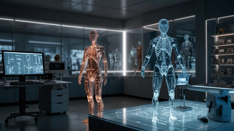 Цифровая 3D-модель человеческого тела с линиями кроя и алгоритмическими расчетами на экране компьютера в швейной…