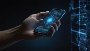 Смартфон с голографическим интерфейсом блокчейна и защищенным аппаратным анклавом в руке человека