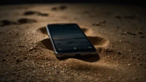 Человек смотрит в смартфон, из экрана которого сыплются песочные часы, символизирующие утекающее время