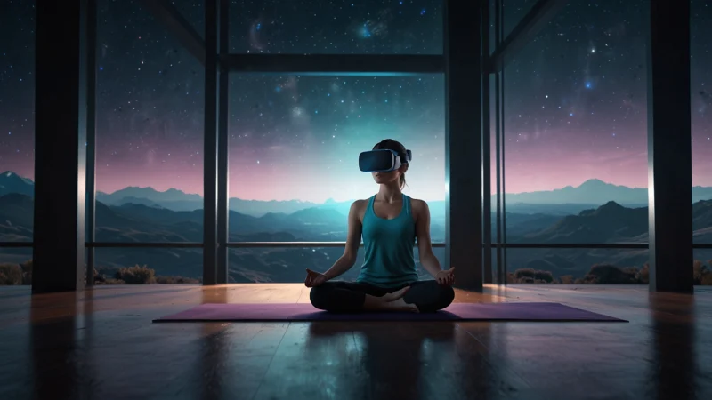 Человек в VR-гарнитуре выполняет позу йоги в футуристичном виртуальном пространстве