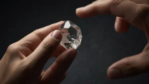 Крупный кристалл кварца в руке человека на фоне приглушенного света, символизирующий идею хранения информации и эмоций…