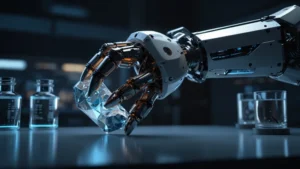 Роботизированная рука с кристаллом кварца в лаборатории, подсвеченная холодным светом