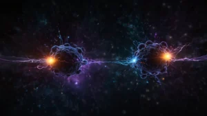 Квантовая запутанность частиц как метафора телепатии: две светящиеся сферы, соединенные невидимой энергетической нитью…