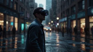 Человек в VR-шлеме на фоне размытой реальности, символизирующий диссоциацию и разрыв между цифровым и физическим миром