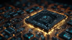 Крупный план нейроморфного чипа с искусственными синапсами, имитирующего нейронную сеть мозга