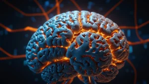 Цифровая визуализация нейронных связей мозга, подсвеченных яркими импульсами на темном фоне, символизирующая…