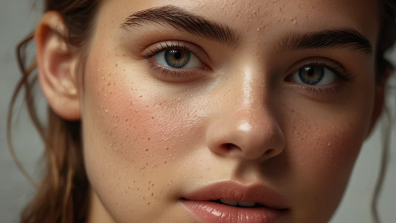 Девушка с естественным макияжем fresh face и сияющей увлажненной кожей крупным планом