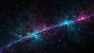 Абстрактная визуализация цифровой вселенной с искажениями времени и пиксельными структурами, символизирующая симуляцию…
