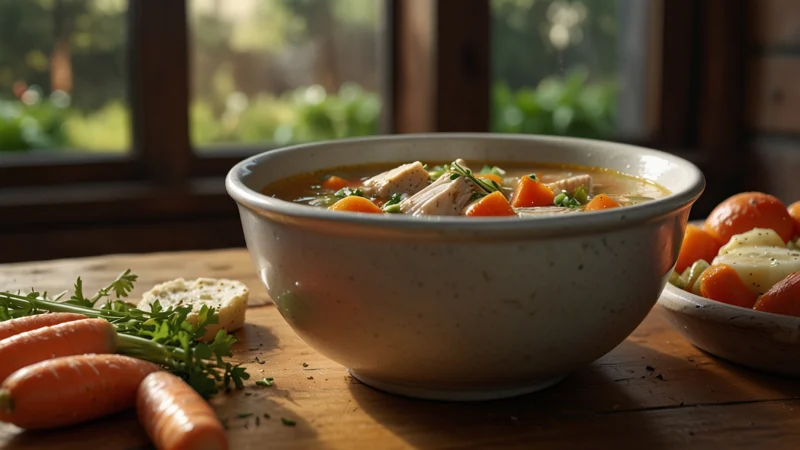 Тарелка домашнего куриного супа с овощами на столе, рядом лежат свежие ингредиенты, теплый естественный свет