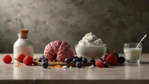 Психобиотики в капсулах и свежие продукты на столе, символизирующие связь кишечника и мозга