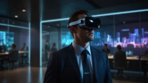 Руководитель в VR-гарнитуре отрабатывает управленческие навыки в иммерсивной симуляции с виртуальными аватарами…