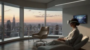 Человек в VR-шлеме проходит сеанс терапии от фобий в современной клинике
