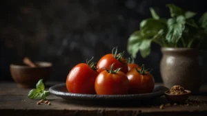 Спелые томаты, пармезан и соевый соус как природные источники пятого вкуса умами на темном фоне