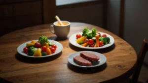 Концептуальное изображение кармы в еде: две тарелки с растительной и мясной пищей на фоне энергии