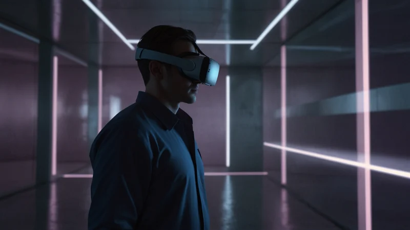 Человек в VR-шлеме тренирует смелость в виртуальной симуляции, преодолевая страх в безопасной цифровой среде