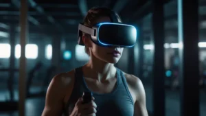 Атлет в VR-шлеме выполняет интенсивную тренировку в футуристичном зале, погружённый в виртуальную игру