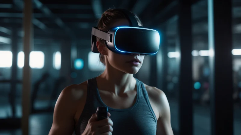 Атлет в VR-шлеме выполняет интенсивную тренировку в футуристичном зале, погружённый в виртуальную игру