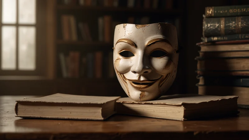 Разбитая маска с улыбкой лежит на столе рядом с книгами по саморазвитию, символизируя разрушение иллюзий индустрии…